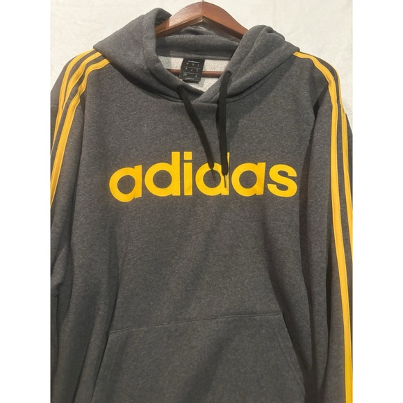 Adidas Hoodie Mens XL Essentials Three Yellow Striped Pullover Gray Sweatshirt - Picture 2 of 8